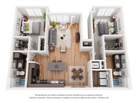 Floor plan for 2 beds, 2 baths, 1088 sqft